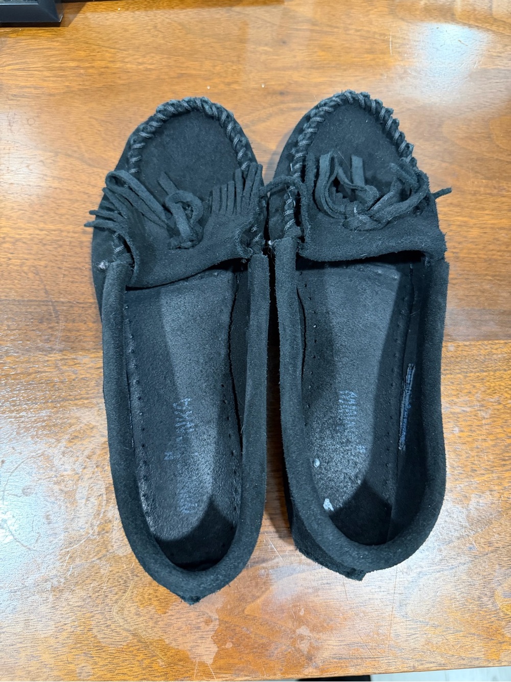 Minnetonka Black Suede Fringe Moccasins